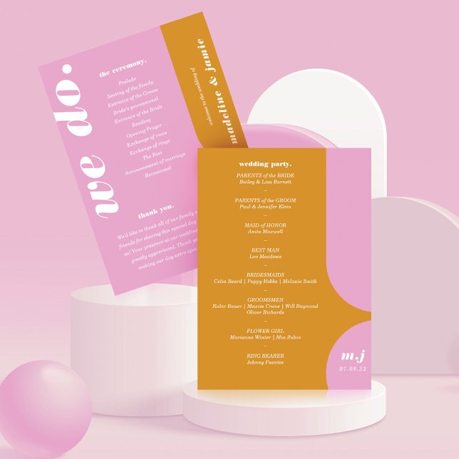 Vi gör rosa retro stil Bröllopsordning för ceremon Program (We Do Pink Retro Style Wedding Order of Service Program)