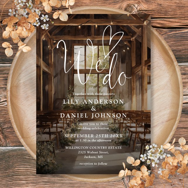 Vi Gör Rustika Boho Ladan Strängljus Bröllop Inbjudningar (We Do Rustic Boho Barn String Lights Wedding Invitation)