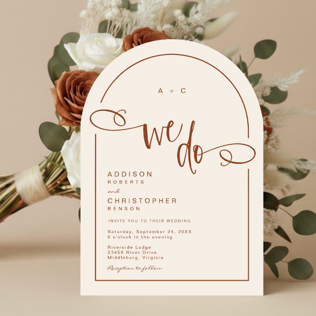 Vi gör Terracotta Modern Script Bröllop Inbjudningar (Shown on a 5" x 7" invitation with Arch Corner Style)