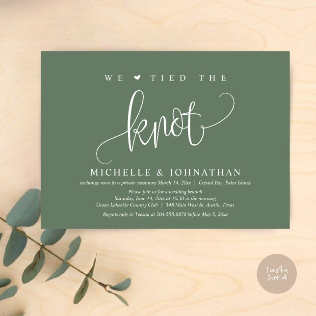 Vi har bundit Knot, inbjudan till Bröllop Elopemen (We tied the knot, modern wedding elopement dinner party invitation card, PDF, in sage green)