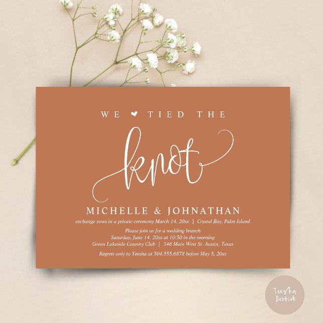 Vi har bundit Knot, inbjudan till Bröllop Elopemen (We tied the knot, modern wedding elopement dinner party invitation card, PDF, in Copper)