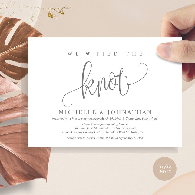 Vi har bundit Knot, inbjudan till Bröllop Elopemen (We tied the knot, modern wedding elopement dinner party invitation card, PDF, in Dark Grey)