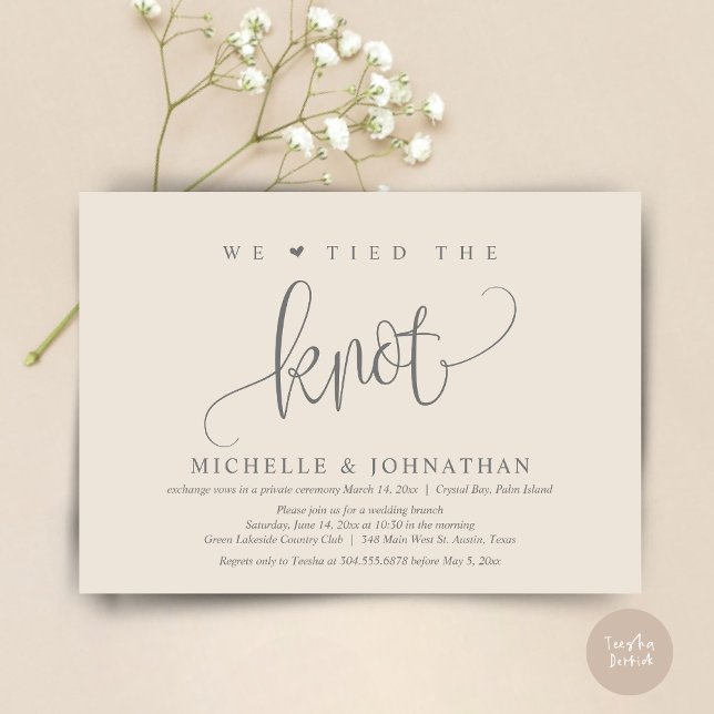 Vi har bundit Knot, inbjudan till Bröllop Elopemen (We tied the knot, modern wedding elopement dinner party invitation card, PDF, in Cream Grey)