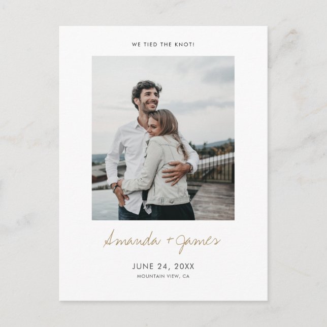 Vi har bundit Knot! Modern Photo Elopement Bröllop Meddelande Vykort (Framsida)