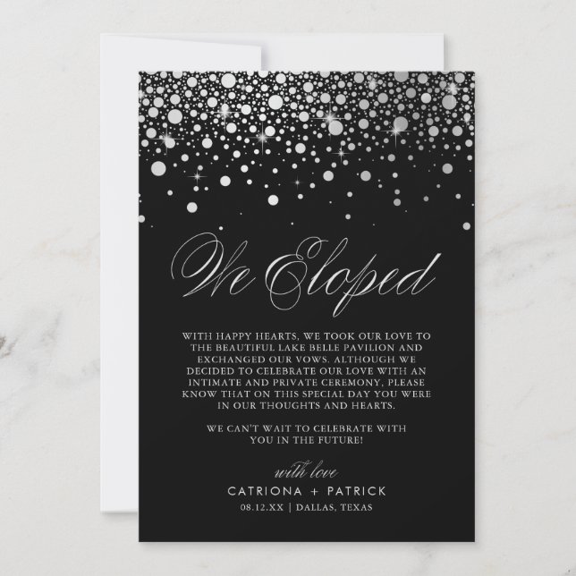Vi har fått Faux Silver Foil Confetti Black Bröllo Meddelande (Framsida)