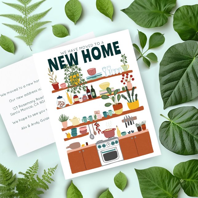 Vi har Flyttat Adress ändra Cute Kitchen Art Vykort (New home announcement address change postcard with cute kitchen illustration. Customize the text)