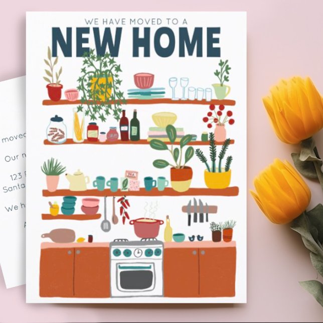 Vi har Flyttat Adress ändra Cute Kitchen Art Vykort (Moving announcement address change postcard with charming kitchen illustration. Add your own details)