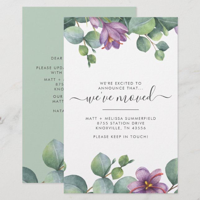 Vi har Flyttat Adress Eucalyptus Lila Grönt Flytta Brevpapper (Fram/baksida)