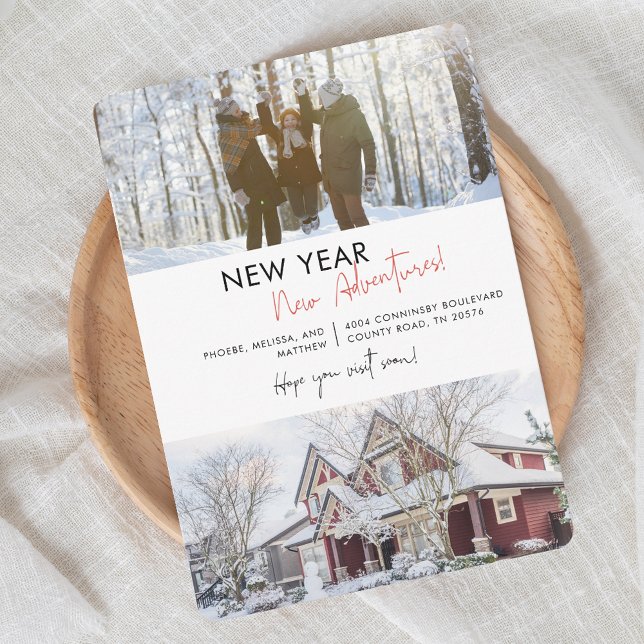 Vi har Flyttat Adress nyårsFlytta för Äventyr Meddelande (New Year Moving Announcement with Family Photo)