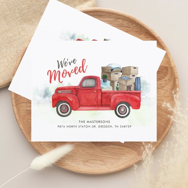 Vi har flyttat ändring av Adress meddelande (We have Moved Watercolor Red Truck Moving Announcement)