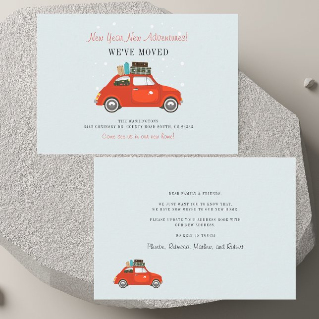 Vi har flyttat Äventyr Red Car Flytta Anteckningskort (We've Moved New Year Adventures Red Car Moving Note Card)
