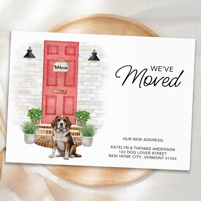 Vi har flyttat Beagle Red Door Hund Flytta Meddelande (Skapare uppladdad)
