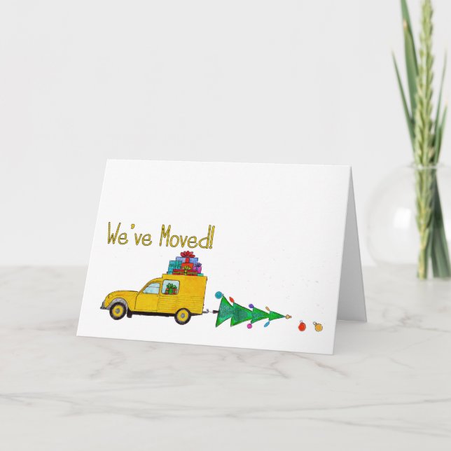 Vi har flyttat bil och träd-julkort helgkort (Framsida)