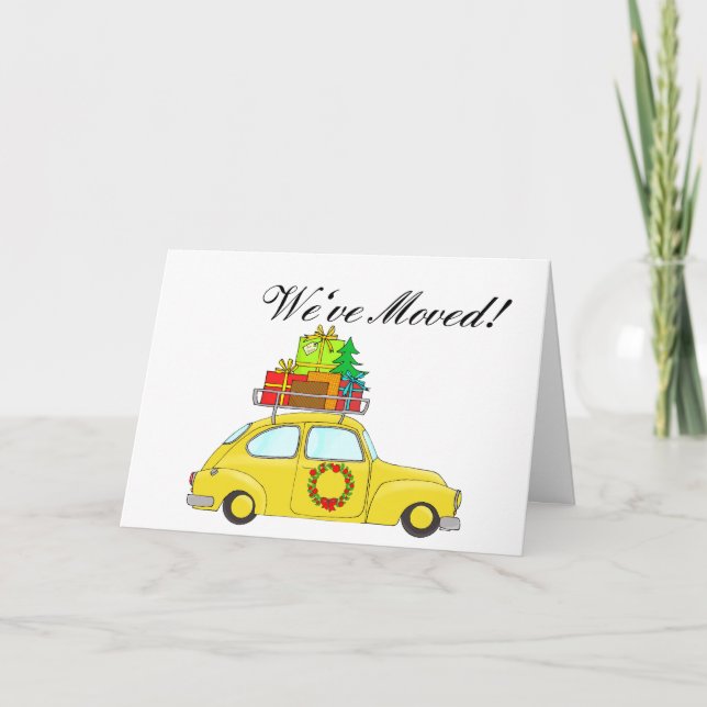 Vi har flyttat bil och träd-julkort helgkort (Framsida)