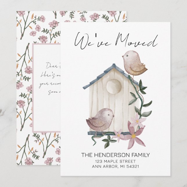Vi har flyttat Birdhouse New Home Flytta Announgem Inbjudningar (Fram/baksida)