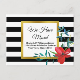 Vi har Flyttat Black and White Stripe Red Flower Vykort