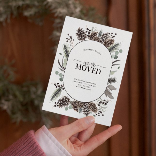 Vi har flyttat Black Winter-meddelande - vykort (Celebrate the new beginning with this festive 'We've Moved" postcard!
)