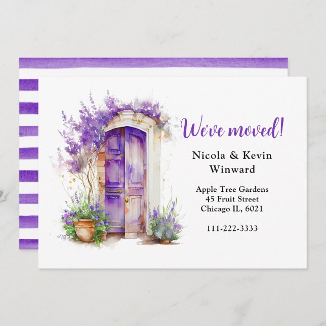 Vi har flyttat Blommigt Lila Lavender Door Meddelande (Fram/baksida)