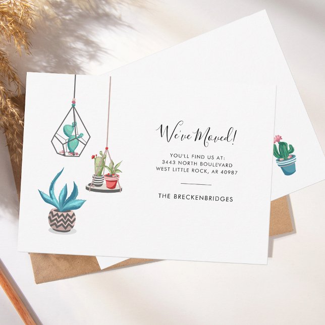 Vi har flyttat Boho Chic Flytta Meddelande (Change of Address New Roots Moving Announcement Boho Potted Cacti Plants)