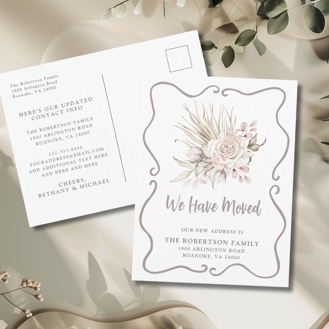 Vi Har Flyttat Boho Rosé Rosor Ny Adress Vykort (We Have Moved Boho Blush Pink Roses and Eucalyptus New Address Postcard)
