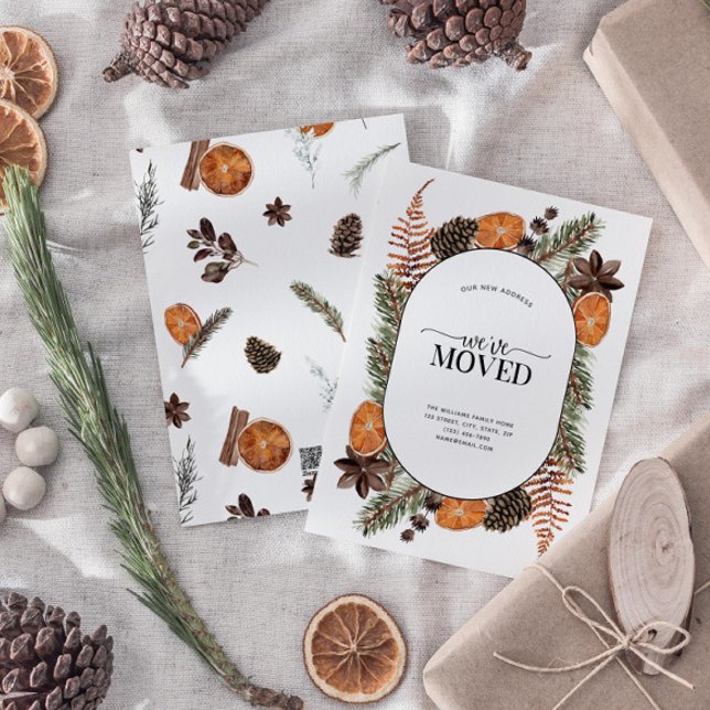 Vi har flyttat Boho Winter Citrus Flytta Announcem Julkort (Sending your family and friends a festive 'We've Moved!' Christmas card!)