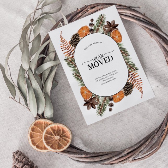 Vi har flyttat Boho Winter-meddelande vykort (Celebrate the new beginning with this festive 'We've Moved" postcard!)