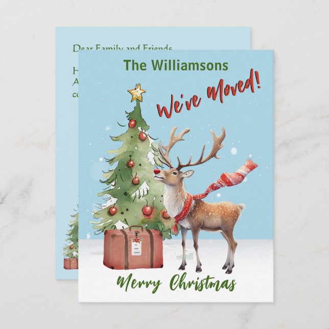 Vi har flyttat budget Reindeer Julgran Meddelande (Fram/baksida)