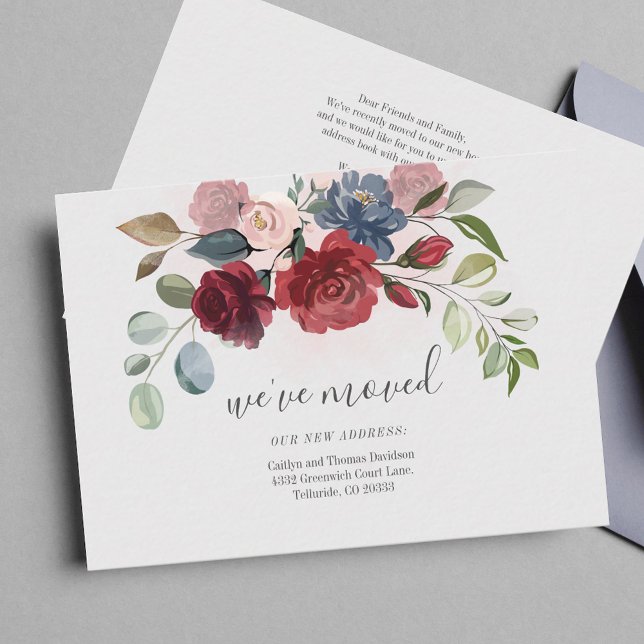 Vi har flyttat Burgundy Blommigt Flytta Meddelande (We Have Moved Burgundy Floral Moving Announcement Note Card)