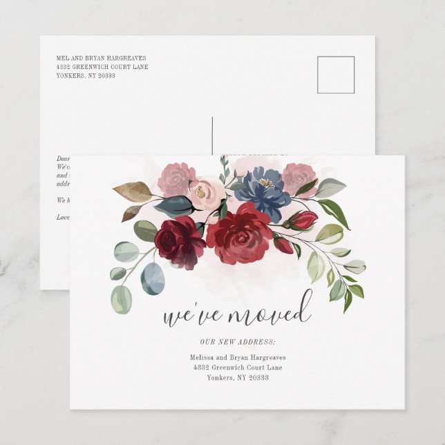 Vi har flyttat Burgundy Blommigt Flytta Meddelande Vykort (Fram/baksida)