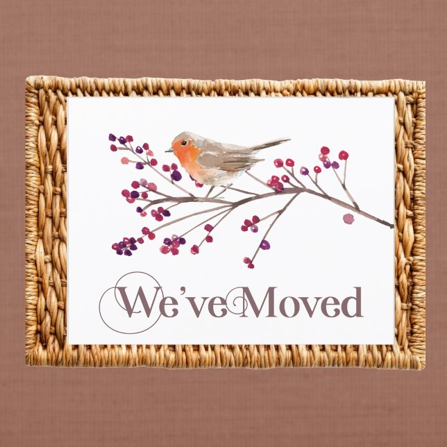 Vi har flyttat Byte av Adress Ny adress Meddelande Vykort (Watercolor bird on branch postcard — a stylish change of address card for family and friends.)