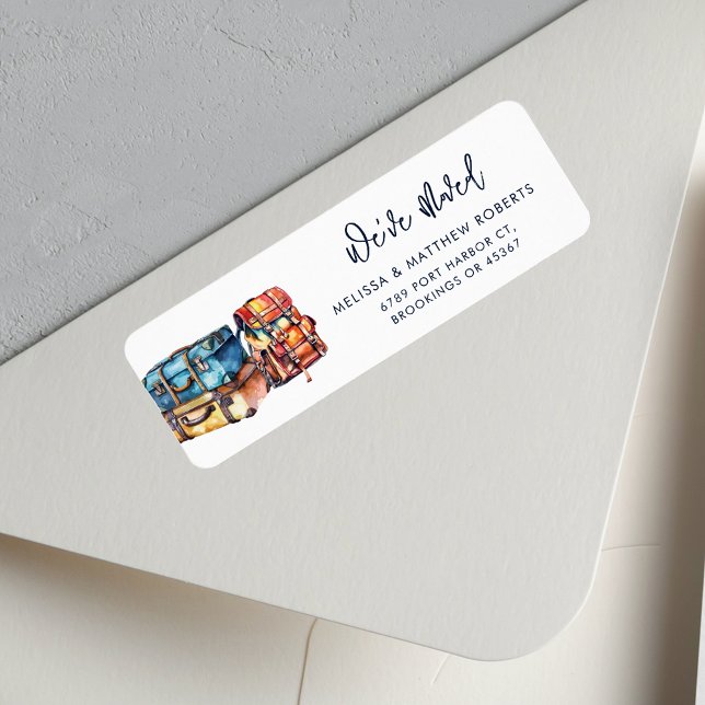 Vi har flyttat Byte av Adress Returadress Etikett (We've Moved Watercolor Luggages Script Return Address Label)