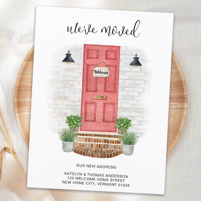 Vi har flyttat Byte av Adress vattenfärgad röd dör Meddelande Vykort (Skapare uppladdad)