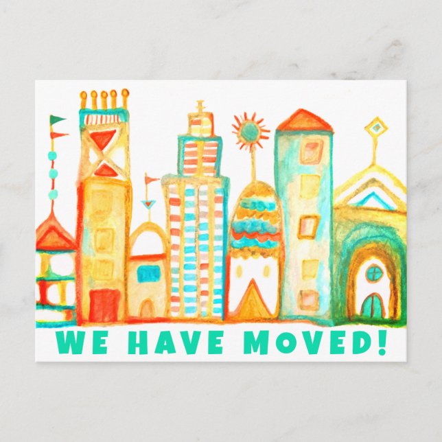 Vi har Flyttat byte av vattenfärgsstad i Adress Vykort (Framsida)