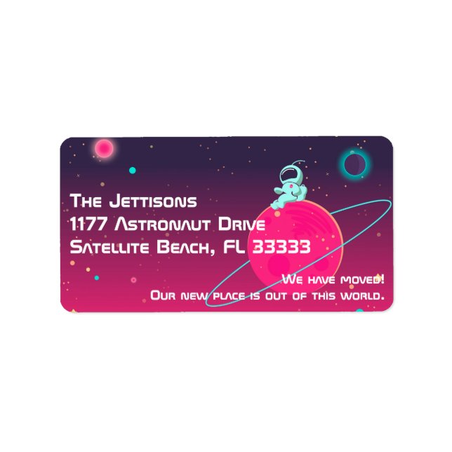 Vi har Flyttat Cute Astronaut i rymdillustrationen Adressetikett (Framsidan)