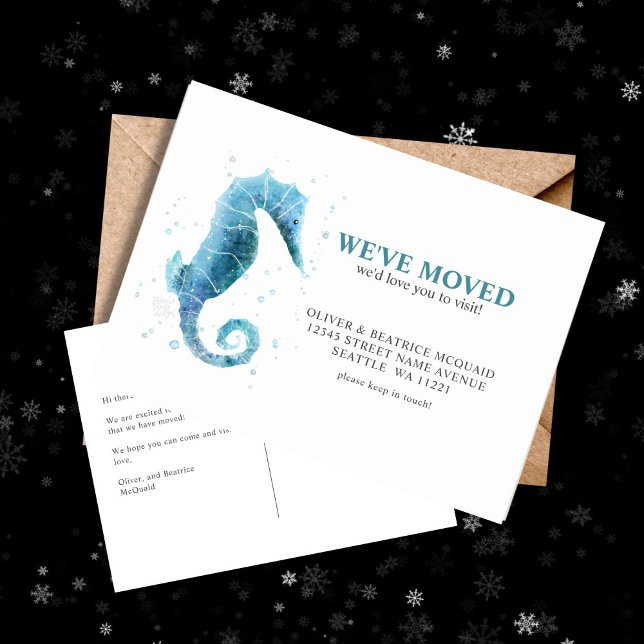 Vi har flyttat Cute Sea Horse Flytta Announcement Vykort (Watercolor Sea Horse Moving Announcement Post Card)