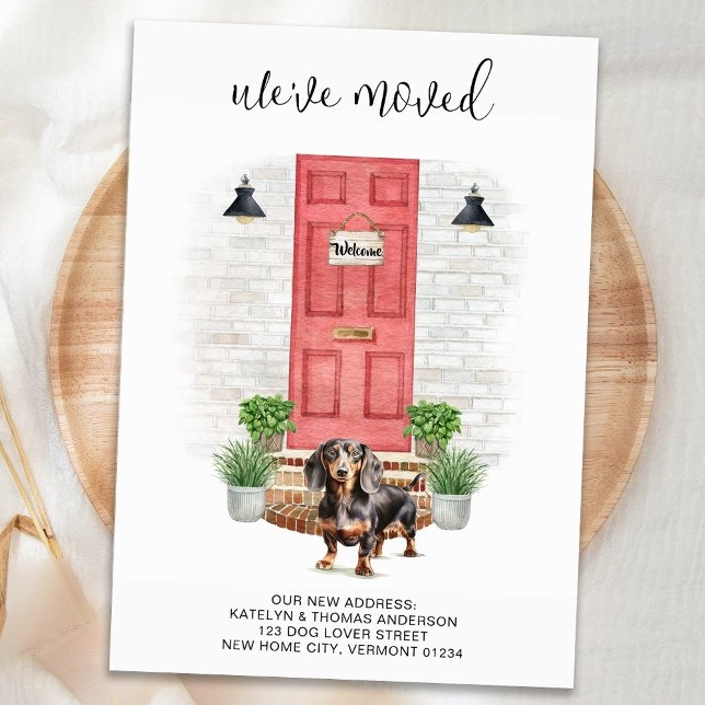 Vi har flyttat Dachshund Red Door Hund Flytta Meddelande (Skapare uppladdad)
