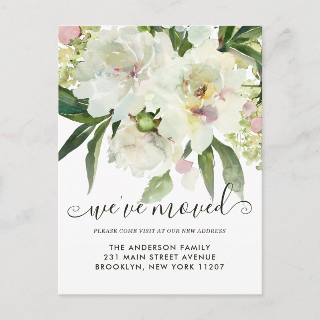 Vi har flyttat Elegant Blommigt Botaniskt peonisk  Meddelande Vykort (Framsida)