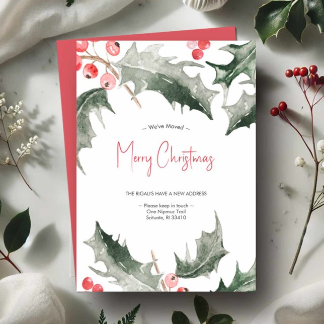 Vi har flyttat Elegant Vattenskrytm - julkort (Moving Christmas cards watercolor holly and berries in shades of red and green)