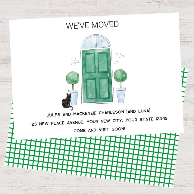 Vi har Flyttat ett nytt hemmeddelande om gröntens  Meddelande (Green door cat watercolor custom text new home we I have moved change of address moving announcement)