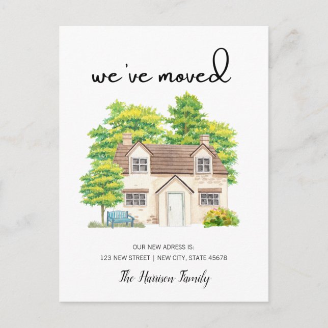 Vi har flyttat ett nytt hemmeddelande vykort (Framsida)