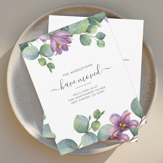 Vi har flyttat Eucalyptus Flytta Announcement (We have Moved Watercolor Purple Sage Green Eucalyptus Moving Announcement)