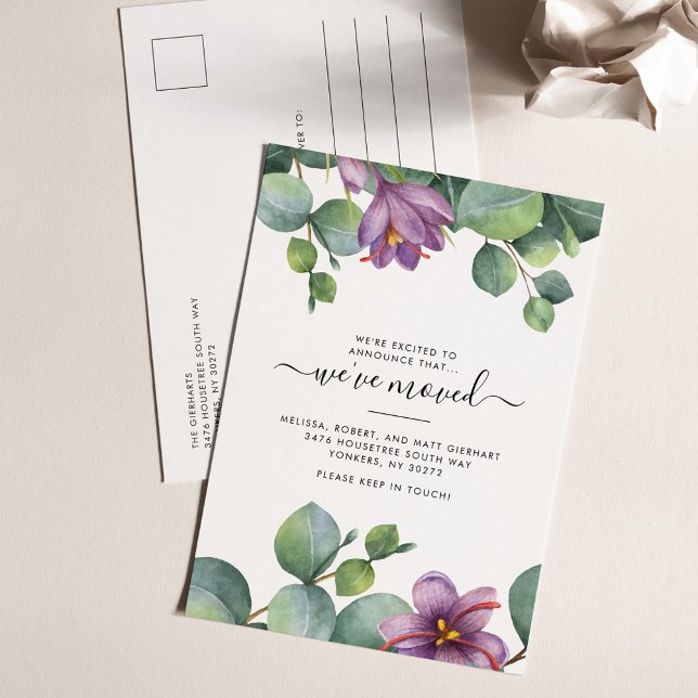 Vi har Flyttat Eucalyptus Lila Grönt Foliage Flytt Meddelande Vykort (Botanical Sage Green Purple Eucalyptus Moving Announcement)