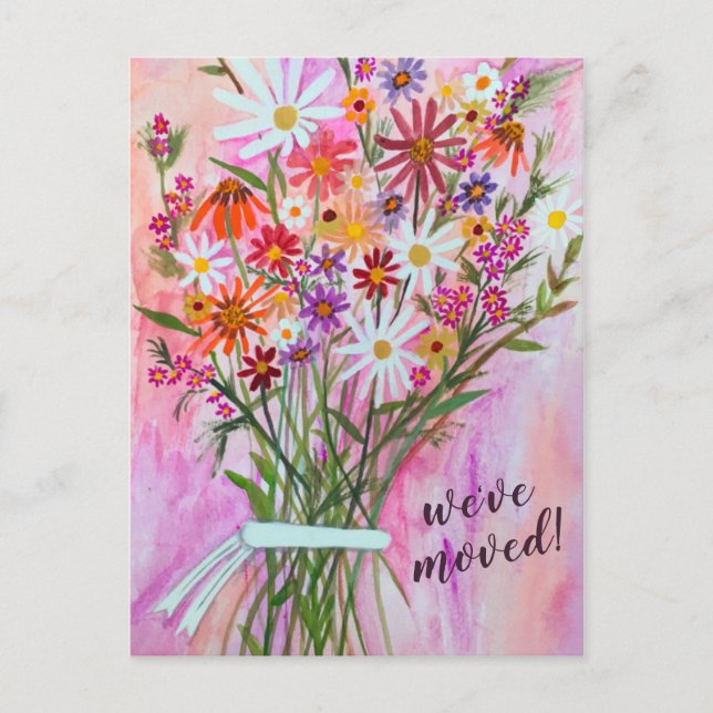 Vi Har Flyttat Färgrik Tusenskönas Bukett Ny Hemad Vykort (Framsida)