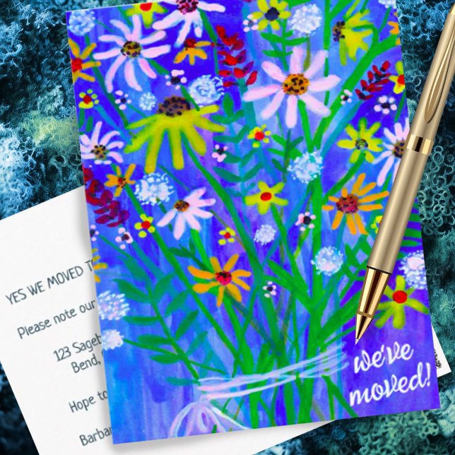Vi har flyttat Färgrik tusenskönas bukett Ny hemad Vykort (Moving announcement address change custom postcard with watercolor flower bouquet)
