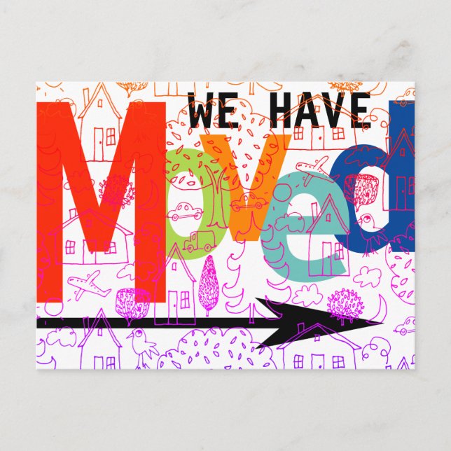 Vi Har Flyttat Färgrik Typografi Stad Ny Adress Meddelande Vykort (Framsida)