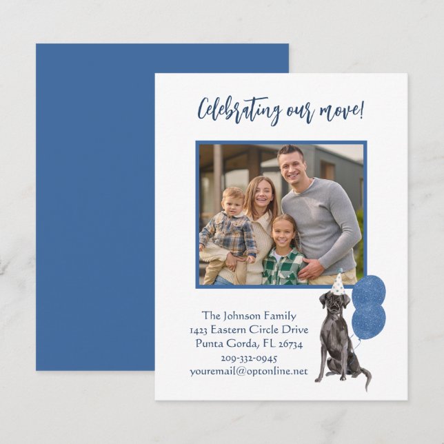Vi har flyttat Firar Hund familjefotbudget Meddelande (Fram/baksida)