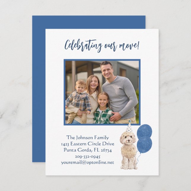 Vi har flyttat Firar Hund familjefotbudget Meddelande (Fram/baksida)