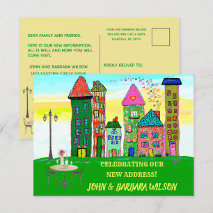 Vi har Flyttat Flytta av budgetstadshus och Meddelande Vykort