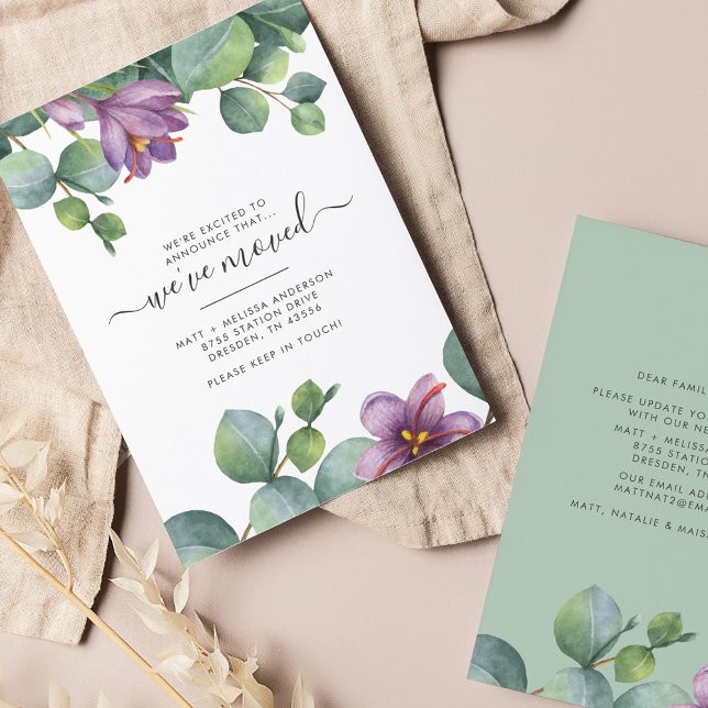 Vi har Flyttat Flytta av Lila Grönt av budgeteukal (Eucalyptus Botanical Moving Announcement Card)
