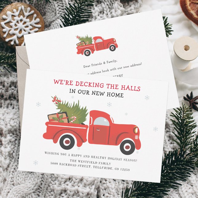 Vi har flyttat Flytta Helgdagar  Meddelande om jul (Christmas Holidays Decking the Halls Red Truck Moving Announcement)